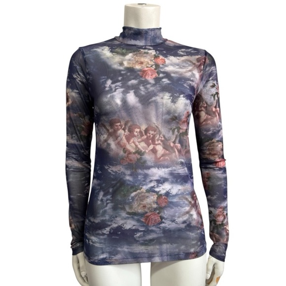 SWEET LILAC sky print semi sheer mesh tulle mock neck pullover medium - Picture 1 of 14